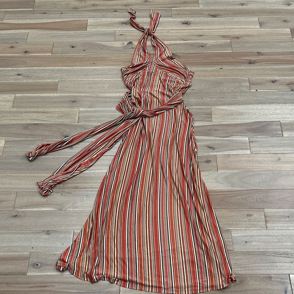 Silk Striped Halter Maxi Dress - Red and Brown